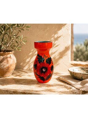 Vintage Mid Century Italian Pottery Vase Atomic Orange Red Poppy Flower Redware